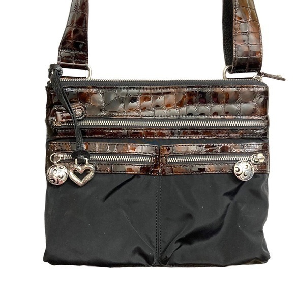 Brighton black nylon with brown embossed patent leather messenger bag - Picture 1 of 8